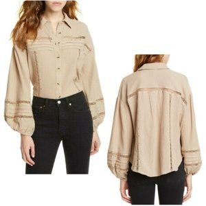 NWT Free People Summer Stars Button Down Balloon Sleeve Blouse in Stone XS